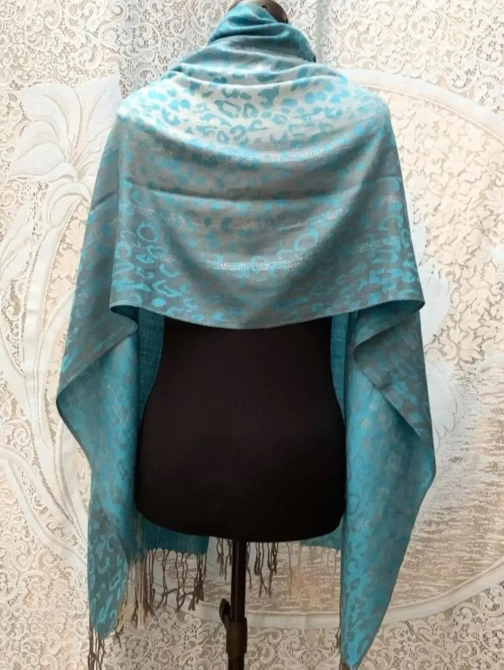 Turquoise Leopard Print Pashmina Shawl Aqua Cheetah Animal Wrap Scarf Fringe